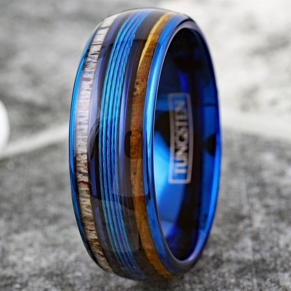Gorgeous Polished Royal Blue Tungsten Low Dome Ring with Brilliant Blue Real Fishing Line Between Whiskey Barrel Oak Wood and Deer Antler Inlays.