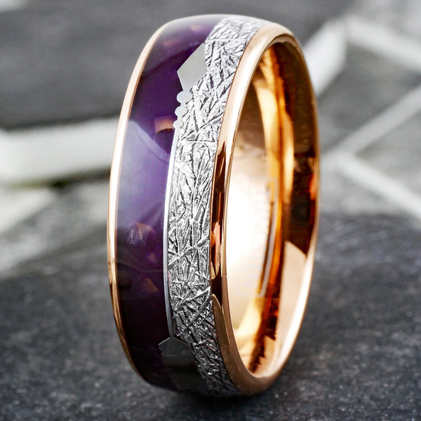 Stunning Magnificent Polished Black Tungsten Low Dome Ring with Ravishing  Red Real Fishing Line Between Whiskey Barrel Oak Wood and Deer Antler