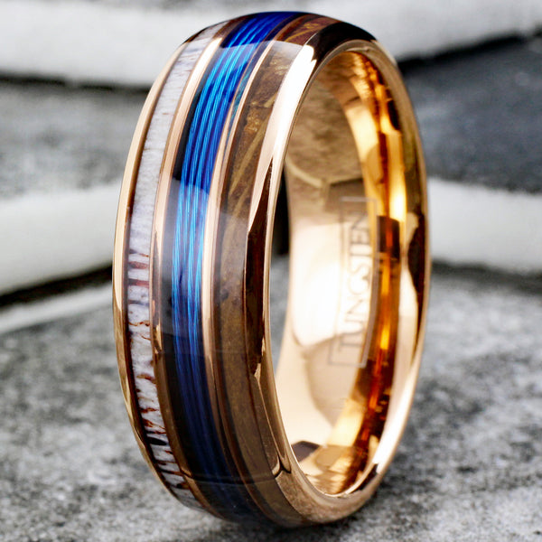 Cool Polished Black Tungsten Low Dome Ring with Gorgeous Gold Real Fishing Line Between Whiskey Barrel Oak Wood and Deer Antler Inlays.