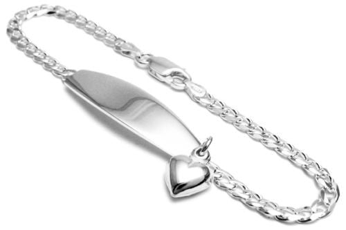 Classic Sterling Silver Engraved Cuban Link I.D. Bracelet with Dangling  Heart - 8 Inch