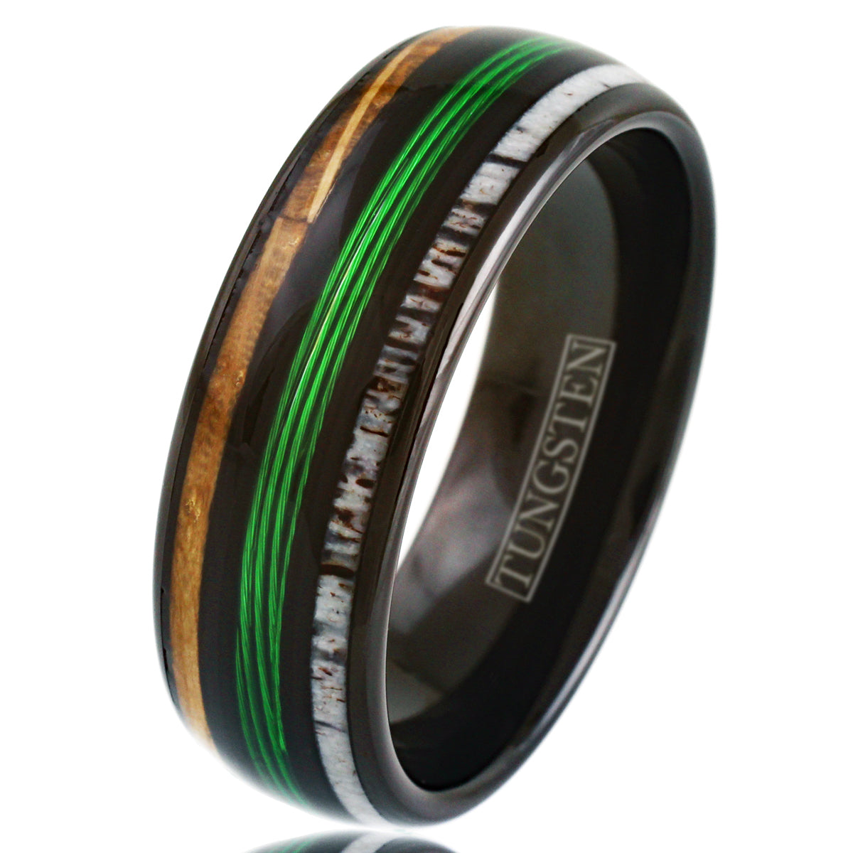 Polished Black Low Dome Tungsten Band Ring w/ Green Fishing Line