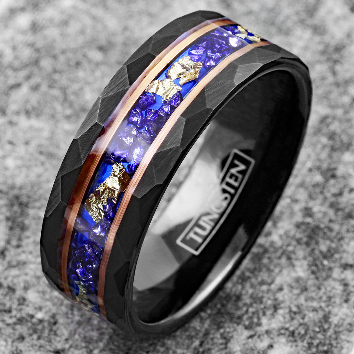 Magnificent Polished Black Tungsten Low Dome Ring with Bright Blue Real Fishing Line Between Whiskey Barrel Oak Wood and Deer Antler Inlays. Couple