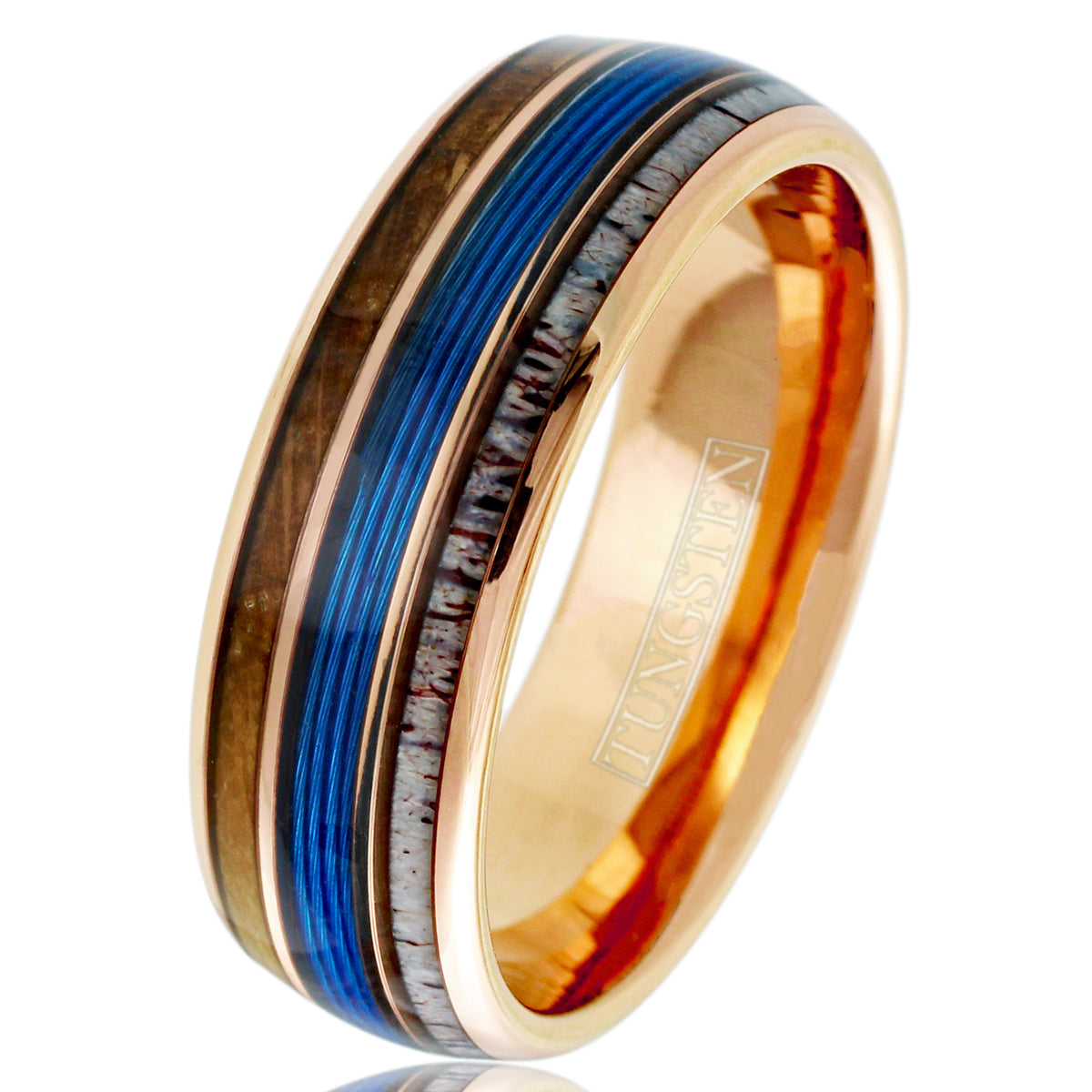 https://www.925express.com/cdn/shop/files/Rose-gold-tungsten-carbide-low-dome-band-ring-with-blue-fishing-line-between-whiskey-oak-barrel-wood-and-deer-antler-inlays-wholesale-tungsten-rings-a-white-photo.jpg?v=1706672574