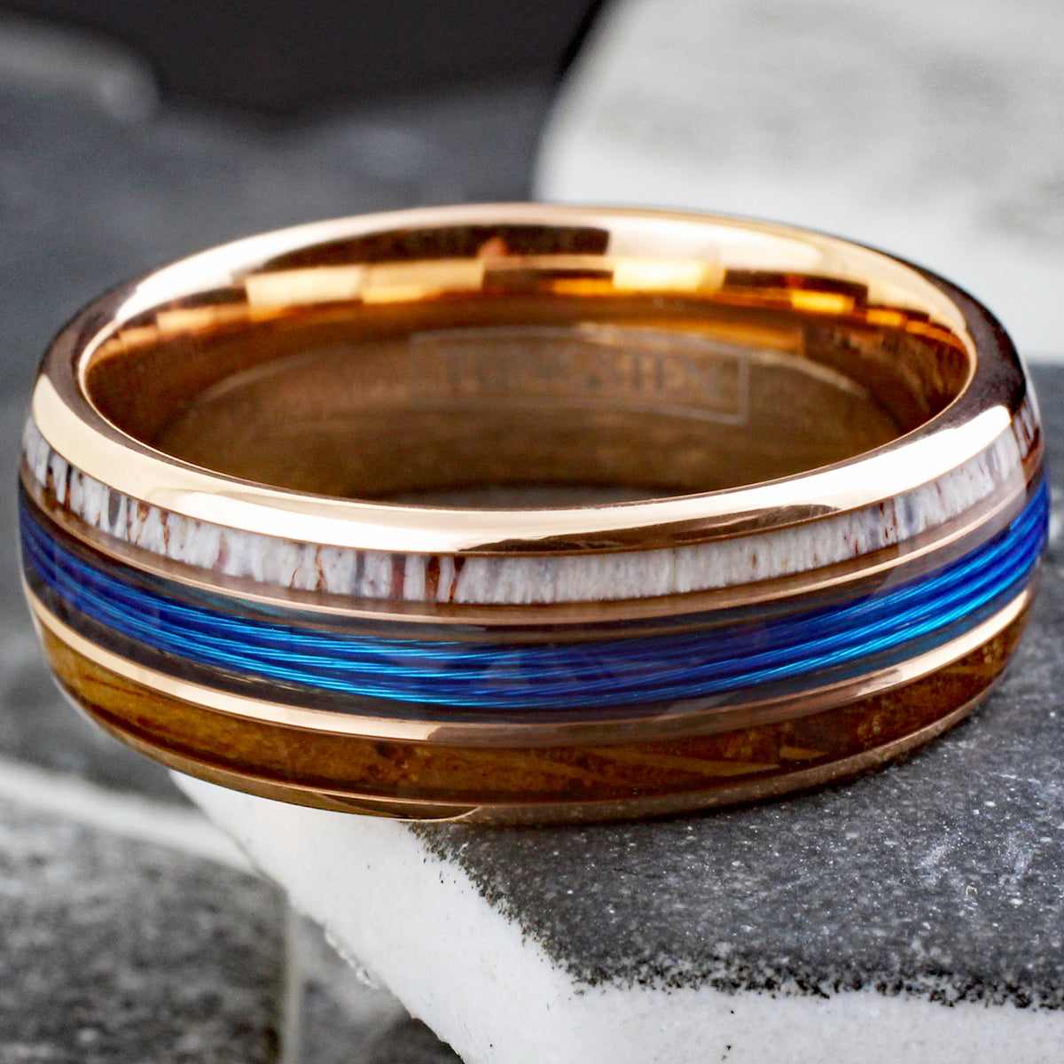 Nature Line - Fishing Line Ring with Whiskey Barrel Deer Antler Inlay –  Elemental Bands