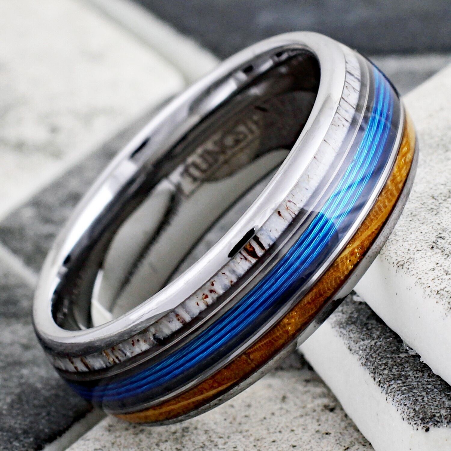 Stunning Mirror Polished Silver Tungsten Low Dome Ring with Blue Real Fishing Line Between Whiskey Barrel Oak Wood and Deer Antler Inlays.