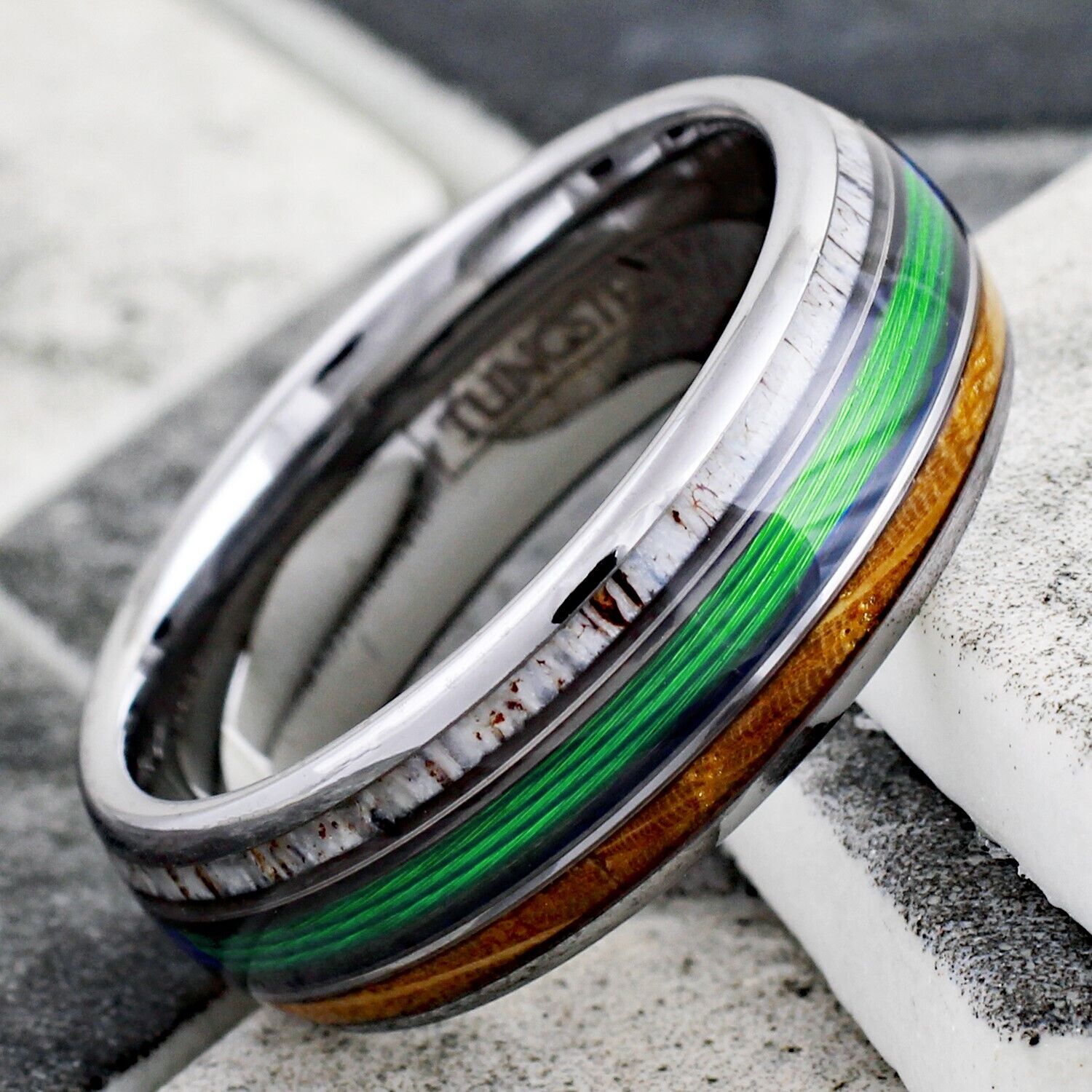 Polished Silver Low Dome Tungsten Band Ring w/ Green Fishing Line
