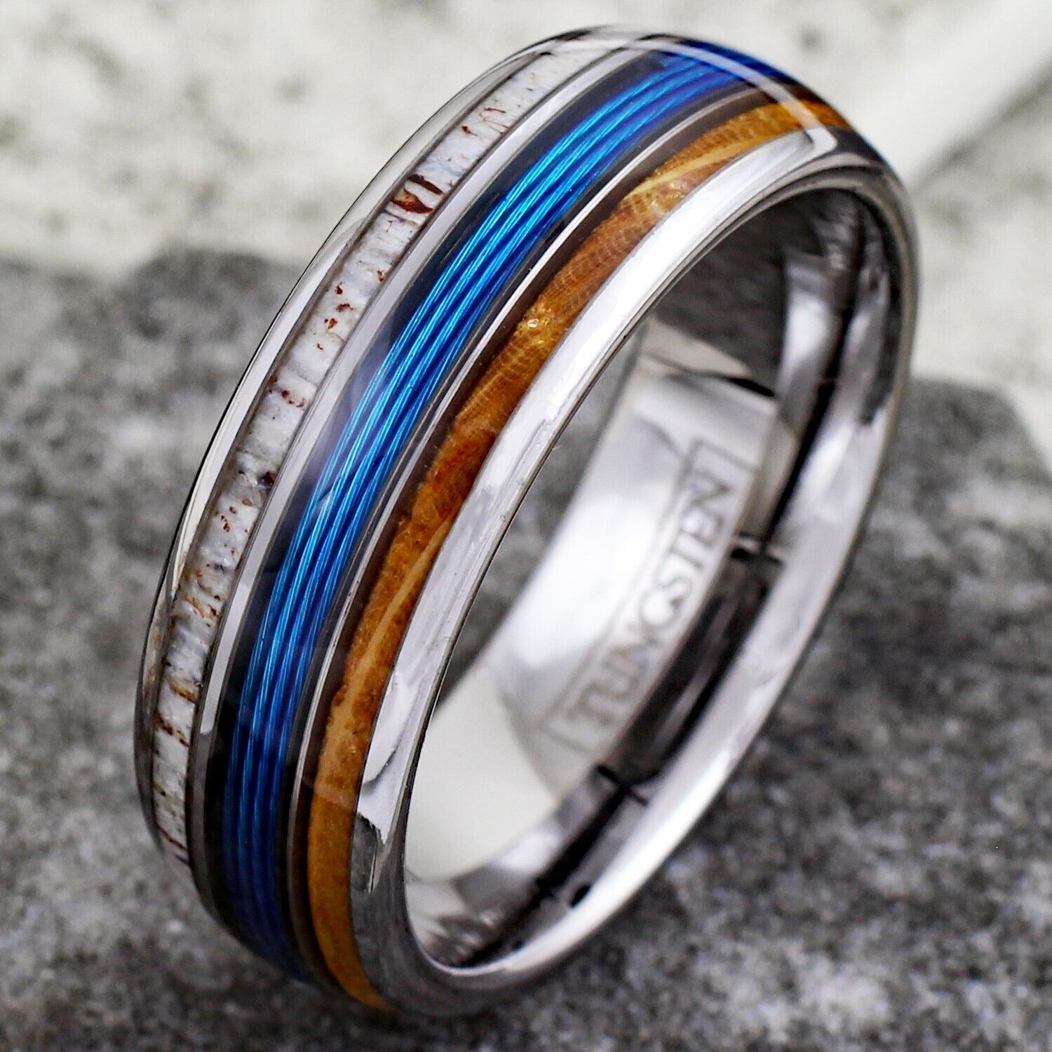 Polished Silver Low Dome Tungsten Band Ring w/ Blue Fishing Line