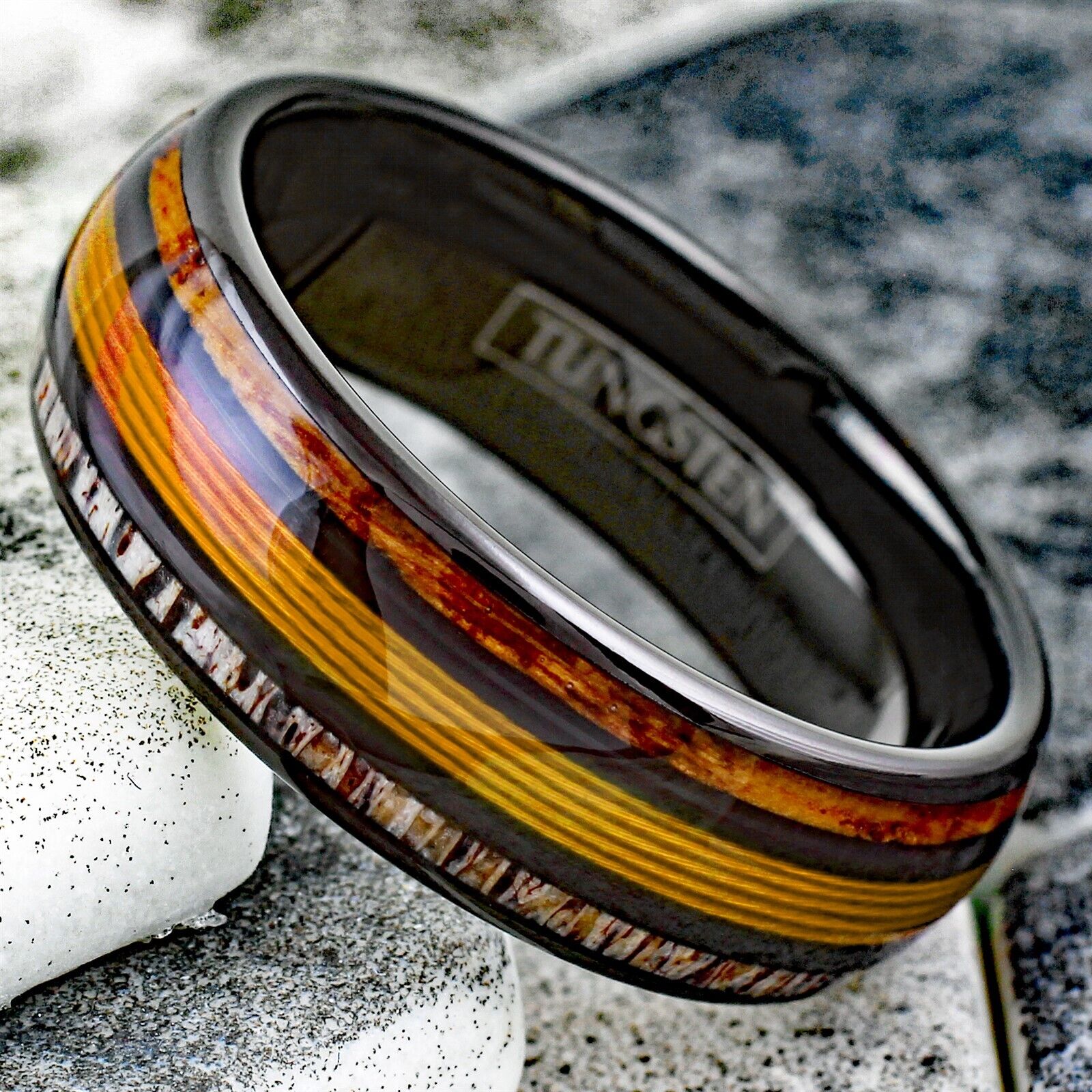 Cool Polished Black Tungsten Low Dome Ring with Gorgeous GOLD Real Fishing  Line Between Whiskey Barrel Oak Wood and Deer Antler Inlays.