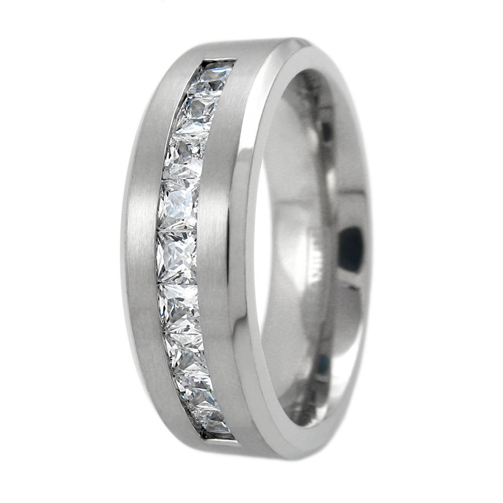 Titanium Men's Wedding Band Engagement Ring with 9 Large Princess Cut Cubic Zirconia