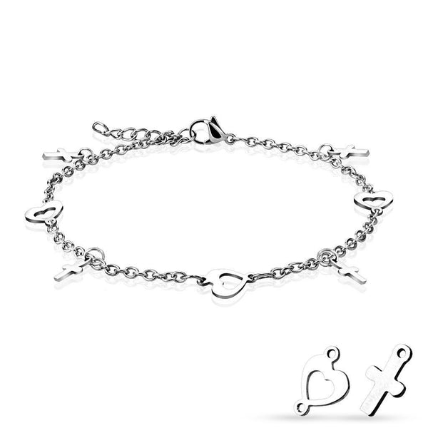 Ankle bracelet in 316L steel – smooth beads, triple chain, silver