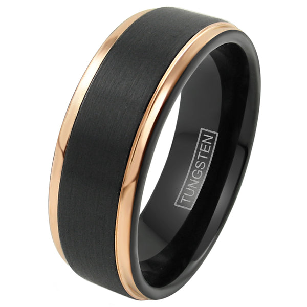 MZZJ Free Engraved Personalized Couple Matching Ring Brushed 8MM Two-tone  Black Blue Tungsten Carbide Step Edge Wedding Rings for Him Her,Anniversary