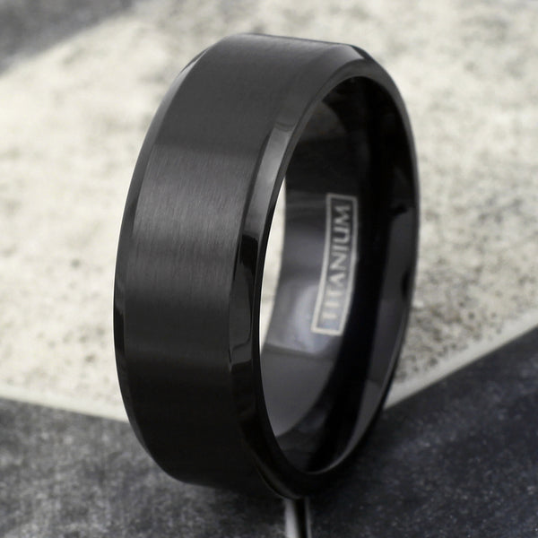 Black Brushed Satin Finish Titanium Ring w/ Polished Beveled Edges ...