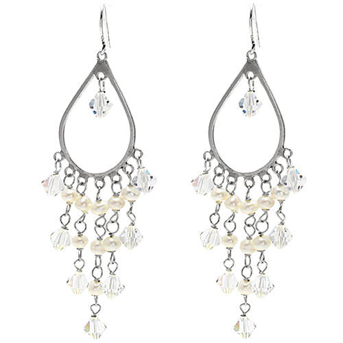 Gorgeous Sterling Silver Faux Pearls and Crystals Teardrop Chandelier Earrings.