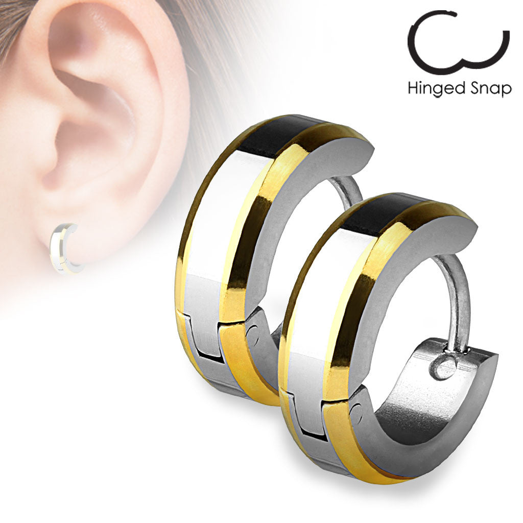 Awesome Stainless Steel Hinged Hoop Huggie Earrings with Beveled 14K Gold  Ion Plated Edges.