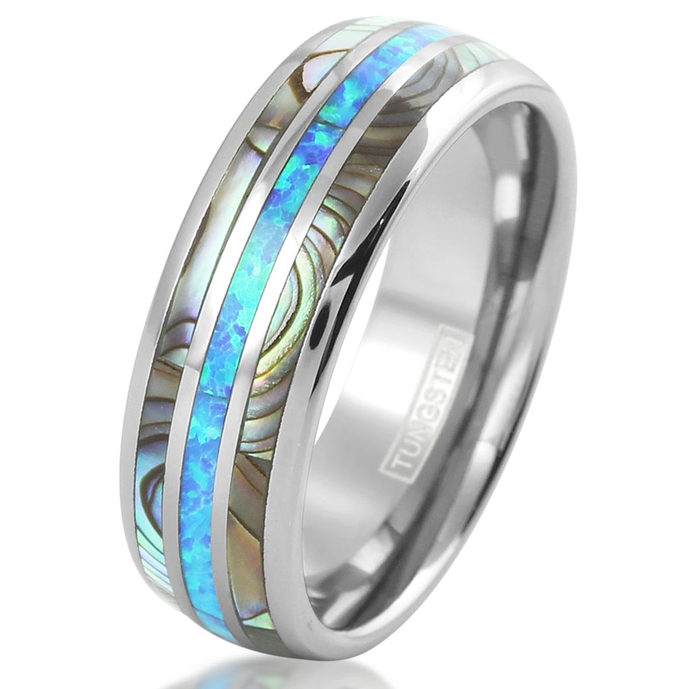 Magnificent Polished Black Tungsten Low Dome Ring with Bright Blue Real Fishing Line Between Whiskey Barrel Oak Wood and Deer Antler Inlays. Couple