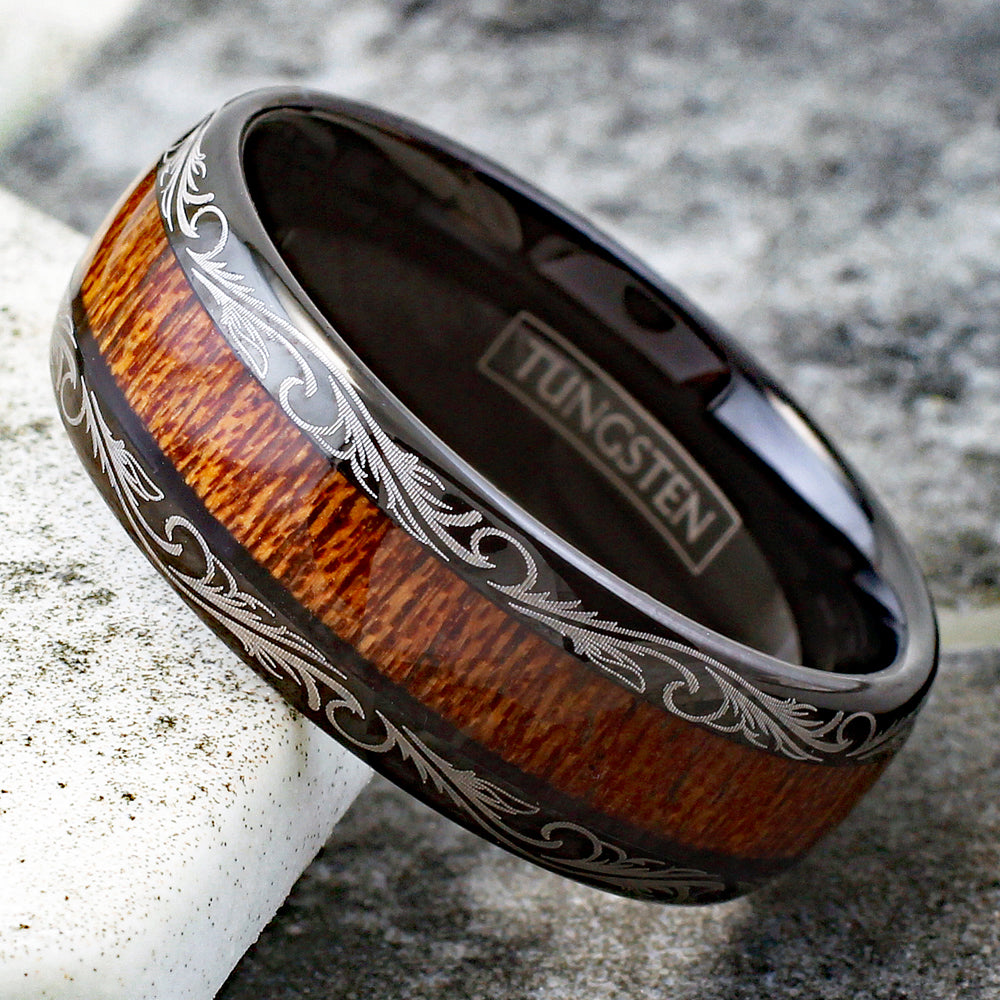 Men - Ceramic Koa Wood Ring Men's Wedding Band: 6mm, Dome Design, 8.5 | Northern Royal