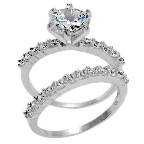 Dazzling Sterling Silver Classic Round Cut 2 Ring Wedding/Engagement Set.